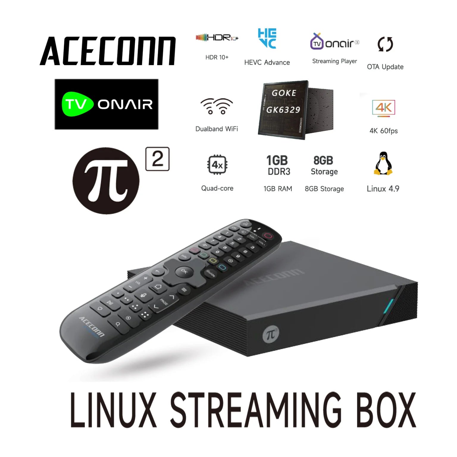 Aceconn 4K Linux Smart TV Box | Dual WiFi | HEVC VP9 | OTT Streaming Device with Remote