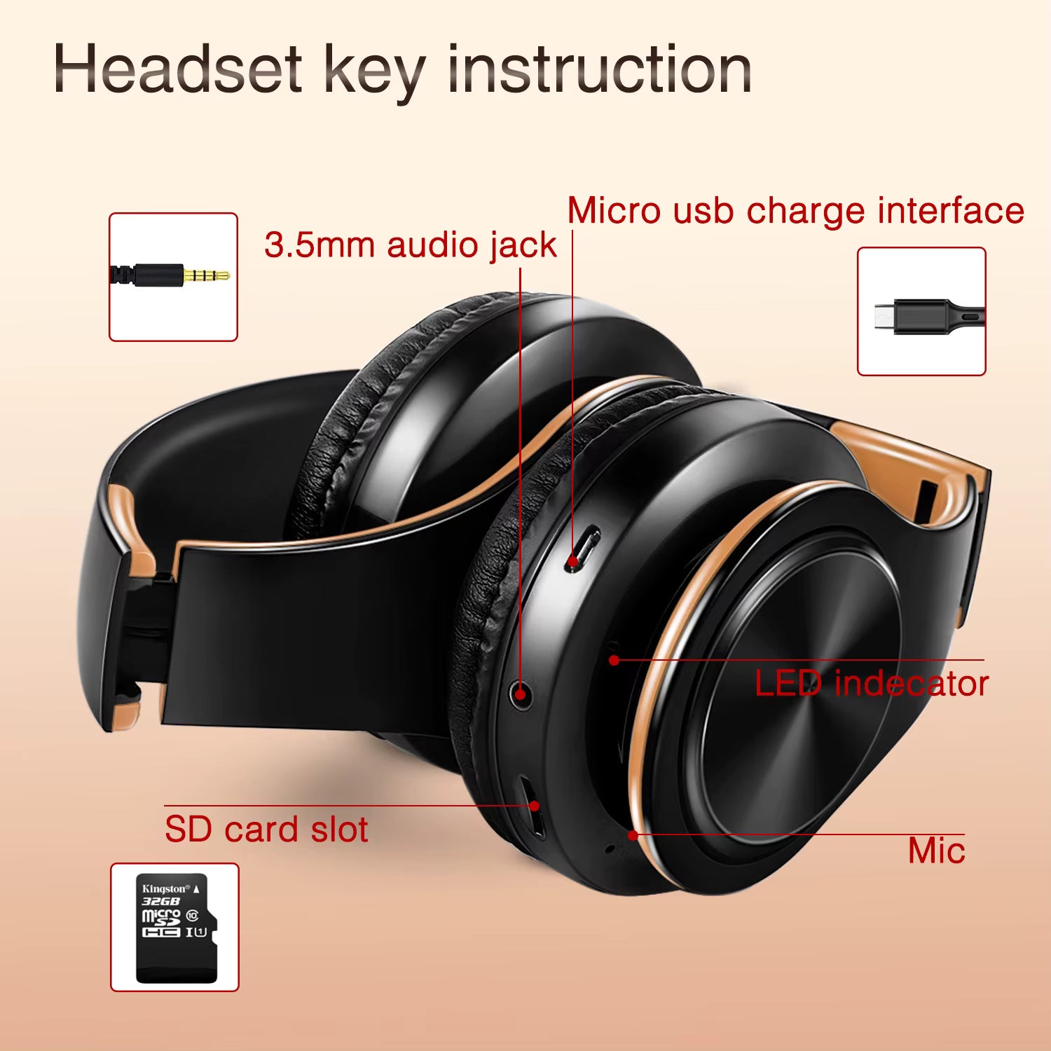 Gold Wireless Bluetooth Headphones for Men – Stereo Sound Headset with Mic, Gaming & Music for Android & iOS
