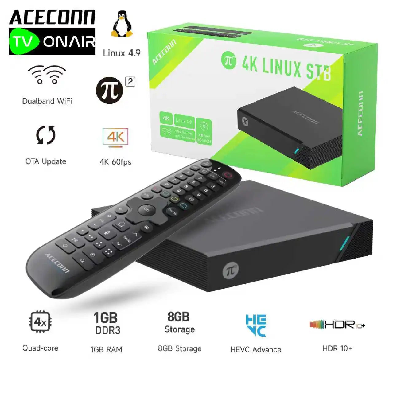 Aceconn 4K Linux Smart TV Box | Dual WiFi | HEVC VP9 | OTT Streaming Device with Remote