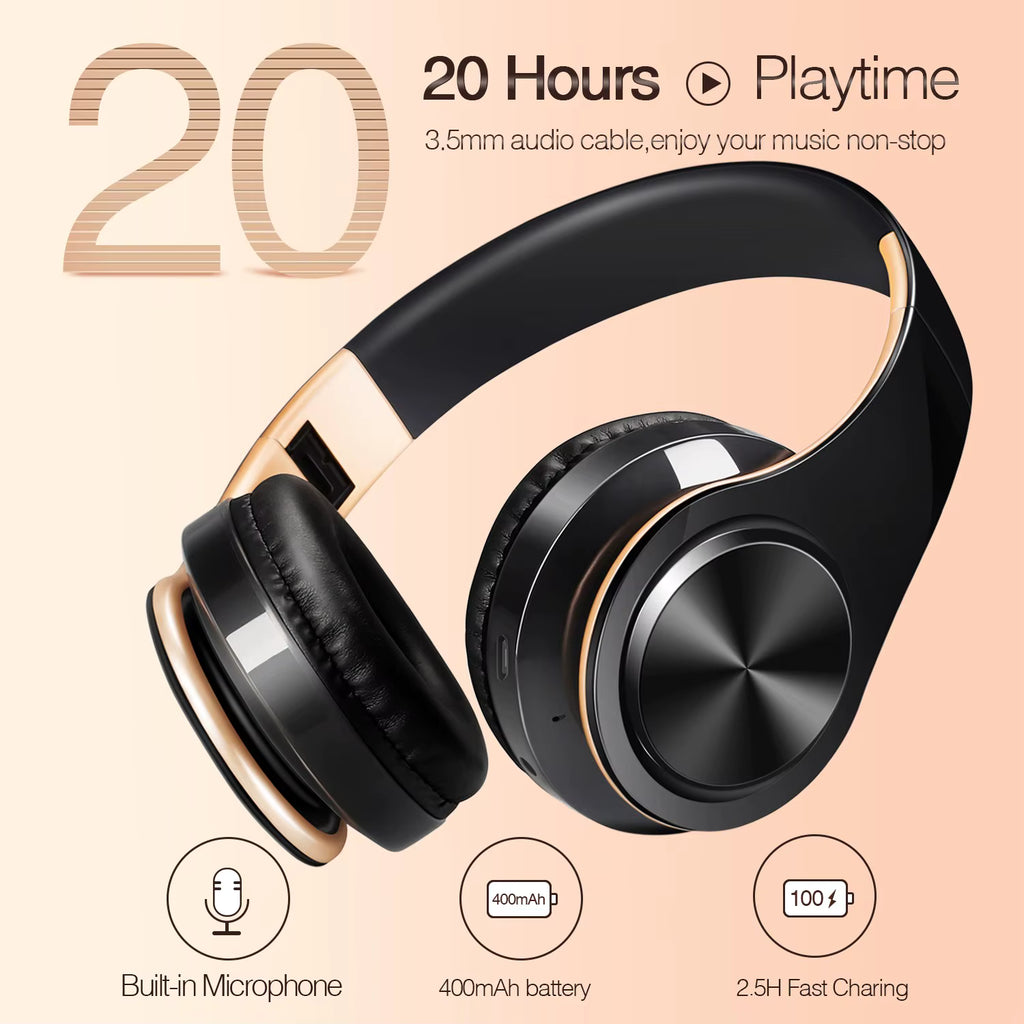 Gold Wireless Bluetooth Headphones for Men – Stereo Sound Headset with Mic, Gaming & Music for Android & iOS
