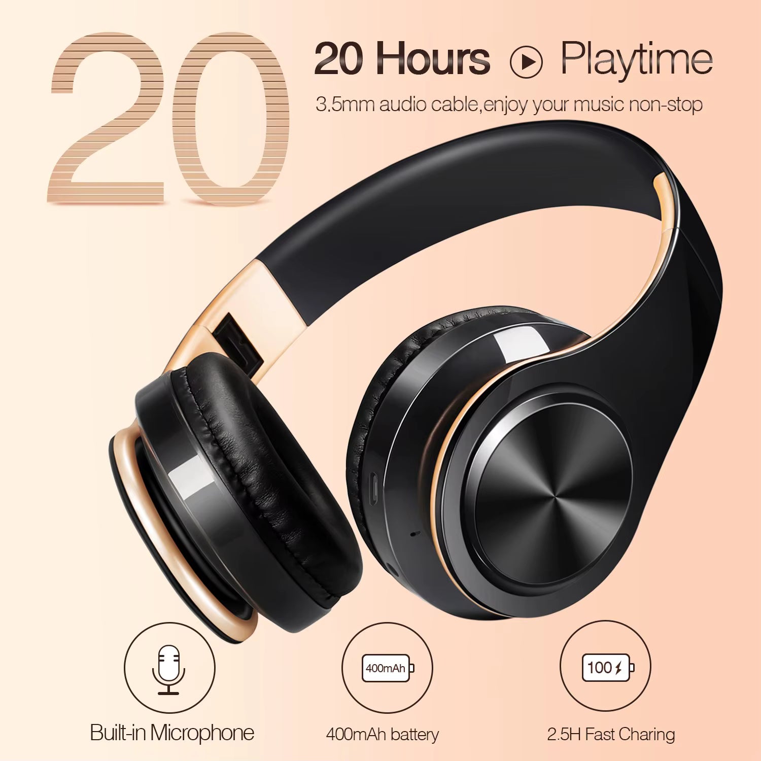 Gold Wireless Bluetooth Headphones for Men – Stereo Sound Headset with Mic, Gaming & Music for Android & iOS