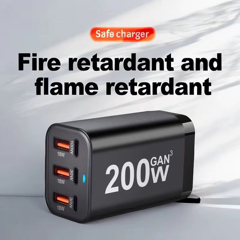 200W 6-Port GaN USB-C Fast Mobile Phone Charger, Compatible with iPhone & Samsung Series.