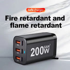 200W 6-Port GaN USB-C Fast Mobile Phone Charger, Compatible with iPhone & Samsung Series.
