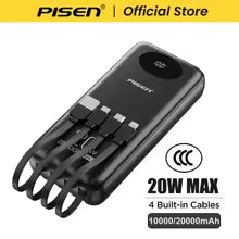 PISEN 3C Certified Power Bank 10000mAh & 20000mAh 20W Fast Charging Powerbank With 4 Built-in Cables For iPhone Samsung Xiaomi