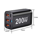 200W 6-Port GaN USB-C Fast Mobile Phone Charger, Compatible with iPhone & Samsung Series.