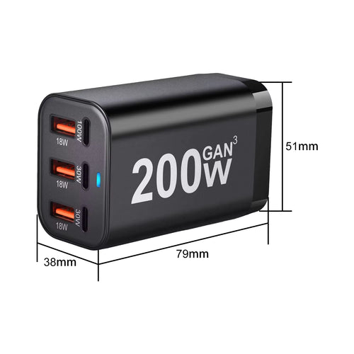 200W 6-Port GaN USB-C Fast Mobile Phone Charger, Compatible with iPhone & Samsung Series.