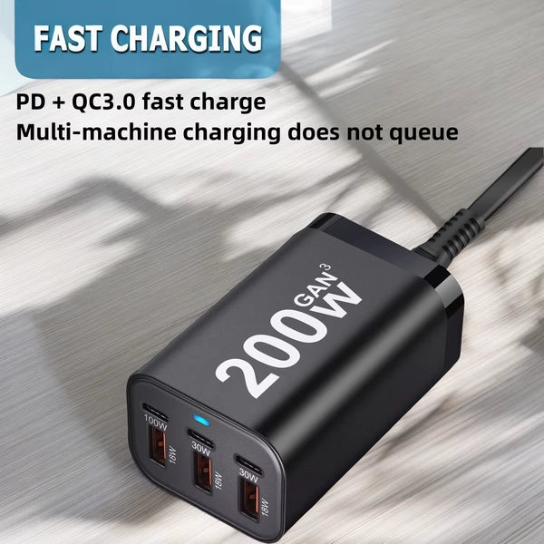 200W 6-Port GaN USB-C Fast Mobile Phone Charger, Compatible with iPhone & Samsung Series.