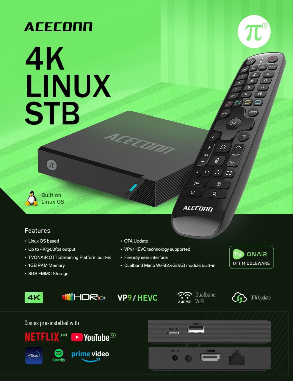 Aceconn 4K Linux Smart TV Box | Dual WiFi | HEVC VP9 | OTT Streaming Device with Remote