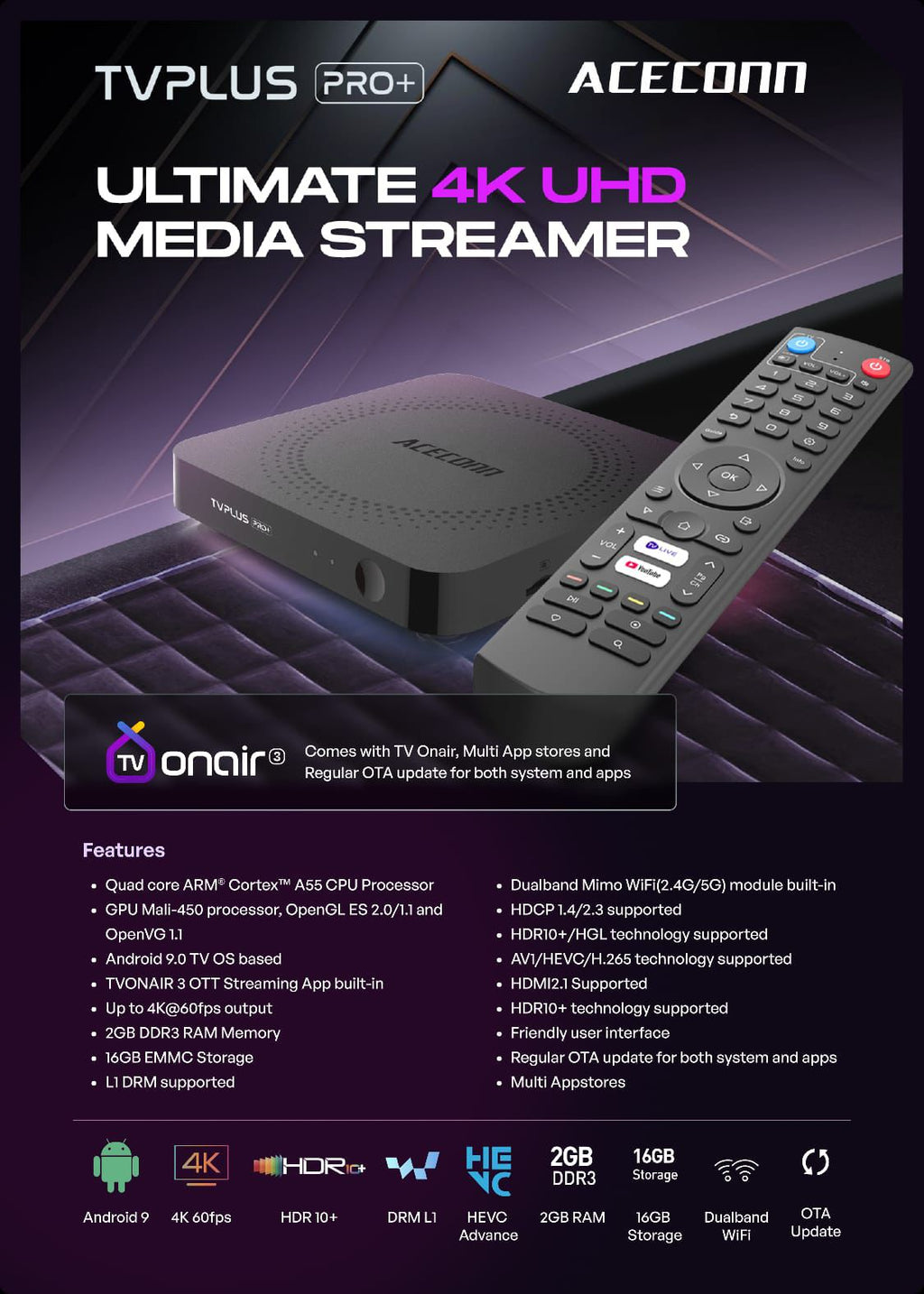 ACEONN TVPlus Pro+ 4K UHD Media Streamer | Android TV Box | Dual Band WiFi | HDR10+ | 2GB RAM 16GB Storage