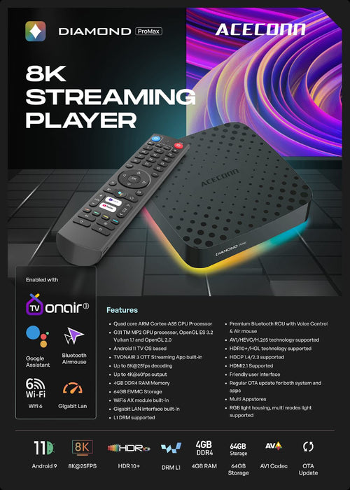 Aceconn Diamond ProMax 8K Android TV Box – 4GB RAM, 64GB Storage, WiFi 6, HDR10+, Voice Remote